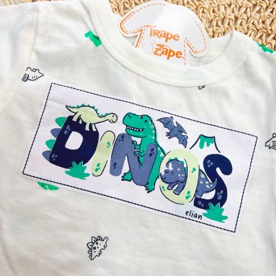 Conj. Camiseta Dinos e Bermuda - Off White e Verde